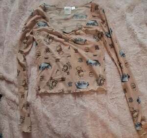 Disney Winnie the Pooh Sheer Mesh Top XS Peach Y2K Fairycore Long Sleeve